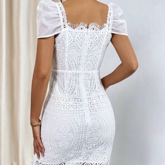 Dreamy White Lace Square Neck Puff Sleeve High Waist Bodycon Mini Dress Petite 2 - Picture 3 of 12